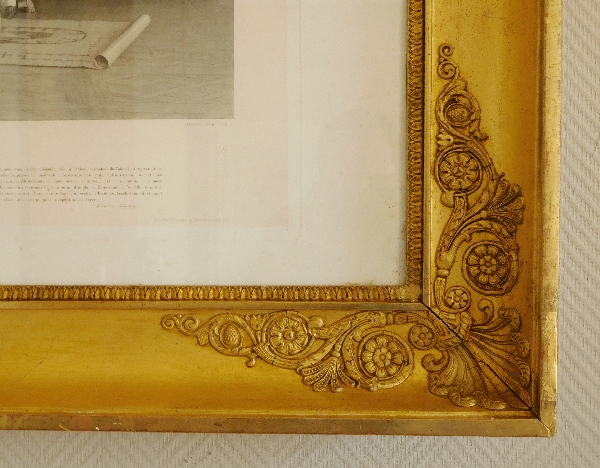 Grande gravure : la répétition du Sacre de Napoléon, cadre d'époque Empire doré à la feuille d'or