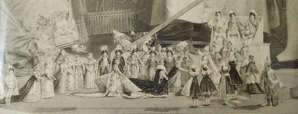 Grande gravure : la répétition du Sacre de Napoléon, cadre d'époque Empire doré à la feuille d'or