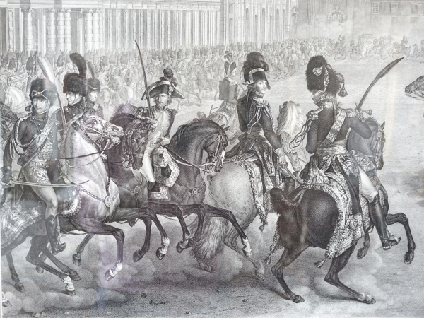 Grande gravure Napoléonienne : Revue du Général Bonaparte 1er Consul aux Tuileries, Vernet & Isabey