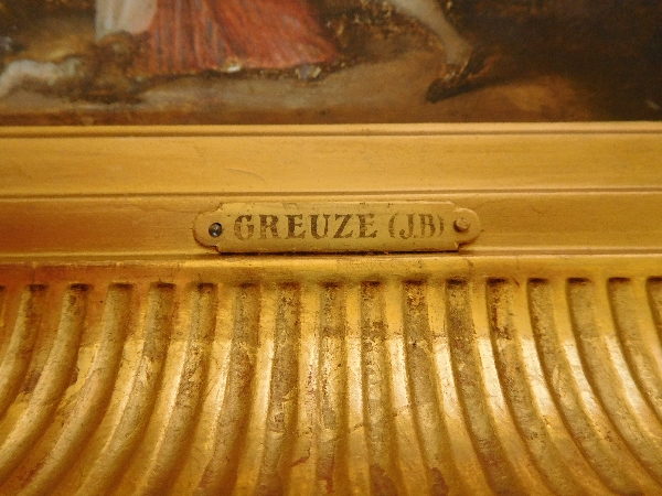 Ecole du XIXe siècle, scène galante d'après Greuze, huile sur panneau dans un cadre en bois doré