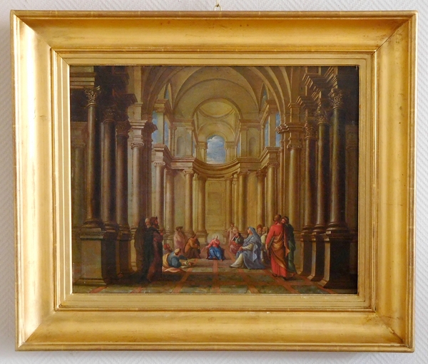 Ecole du XVIIe siècle, huile sur panneau : Jésus et les Docteurs de la Loi