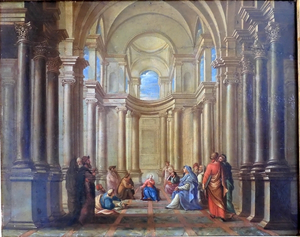 Ecole du XVIIe siècle, huile sur panneau : Jésus et les Docteurs de la Loi