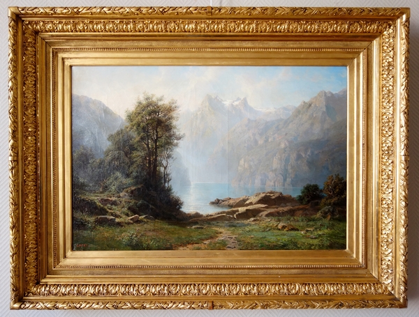 Leberecht Lortet 1826-1901, grand tableau au lac de montagne, huile sur toile - 55cm x 82,5cm