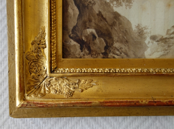 Dessin lavis d'époque fin XVIIIe / début XIXe siècle : caprice architectural signé Champin
