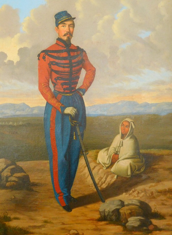 Grande huile sur toile : portrait d'un officier de Spahis en Algérie - 1860
