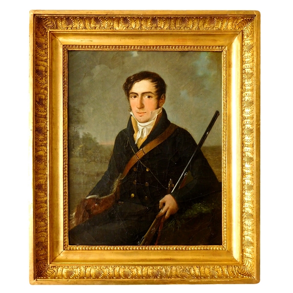 Portrait d'un gentilhomme chasseur et son chien - époque Empire / Restauration