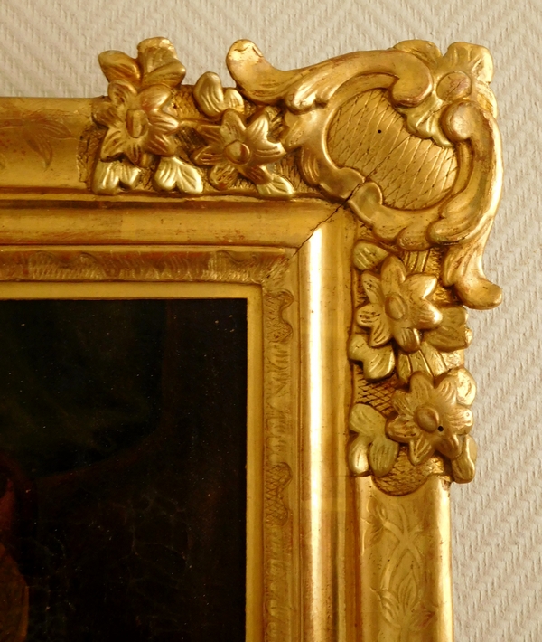 Portrait d'aristocrate d'époque Louis XIV circa 1660, huile sur toile dans un cadre XVIIIe en bois doré