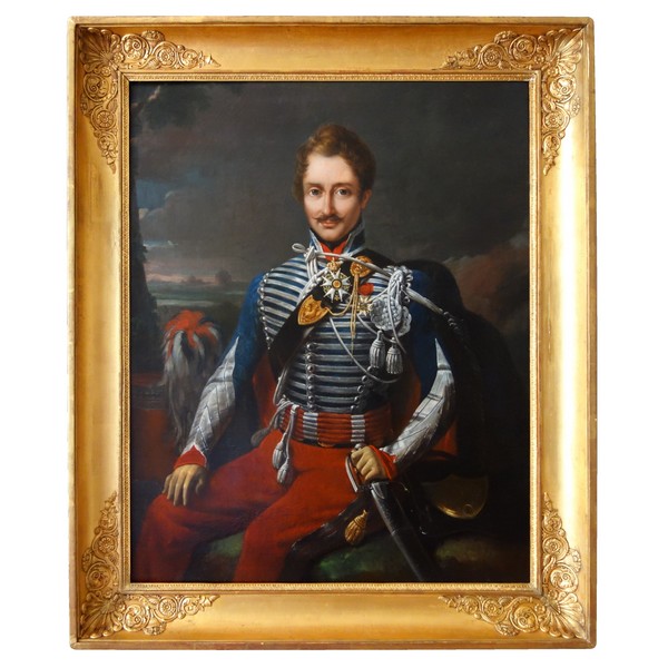 Portrait du Colonel Pozac, héros de l'Empire avec son sabre d'honneur - 1er Régiment de Hussards - huile sur toile