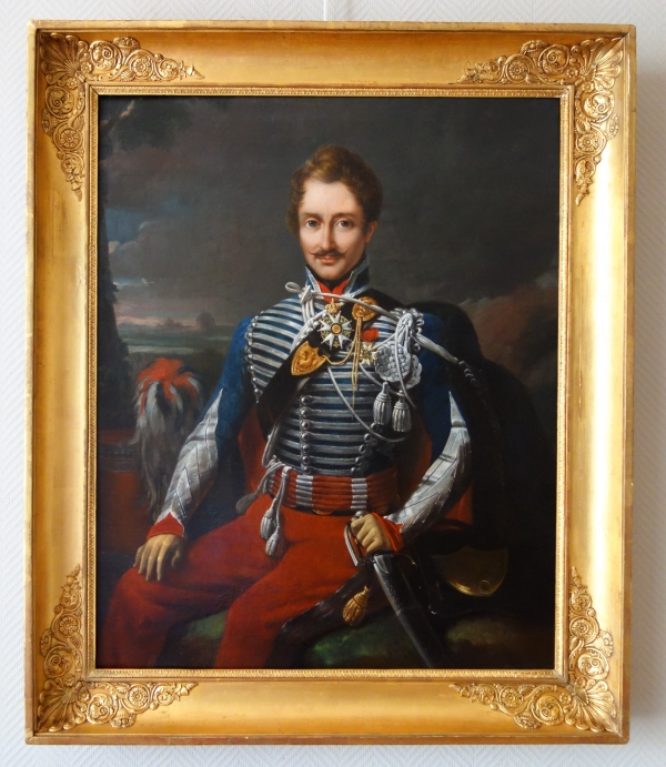 Portrait du Colonel Pozac, héros de l'Empire avec son sabre d'honneur - 1er Régiment de Hussards - huile sur toile