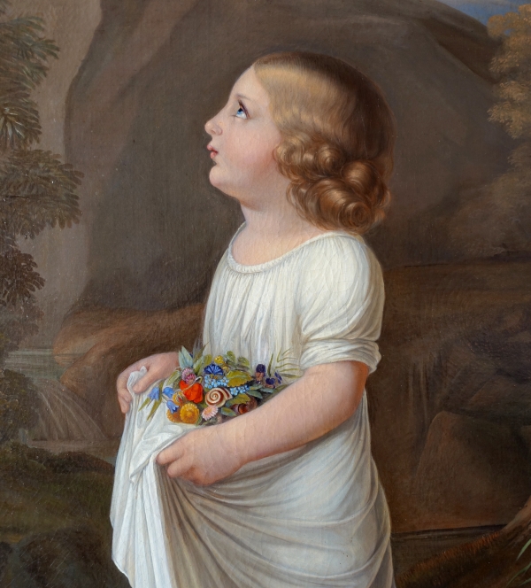 Ecole Française du XIXe siècle, grand portrait d'enfant d'époque Charles X, allégorie de l'Innocence