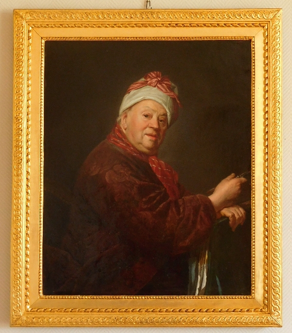 Ecole Française du XVIIIe siècle, portrait du peintre Etienne Jeaurat cadre en bois sculpté et doré