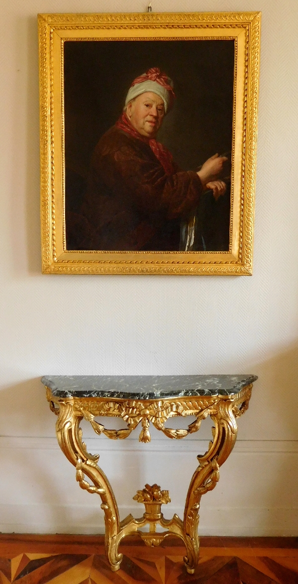Ecole Française du XVIIIe siècle, portrait du peintre Etienne Jeaurat cadre en bois sculpté et doré