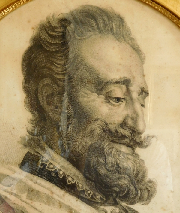 Grand portrait royaliste du Roi Henri IV dans un cadre en bois doré à fleurs de lys - dessin 1829
