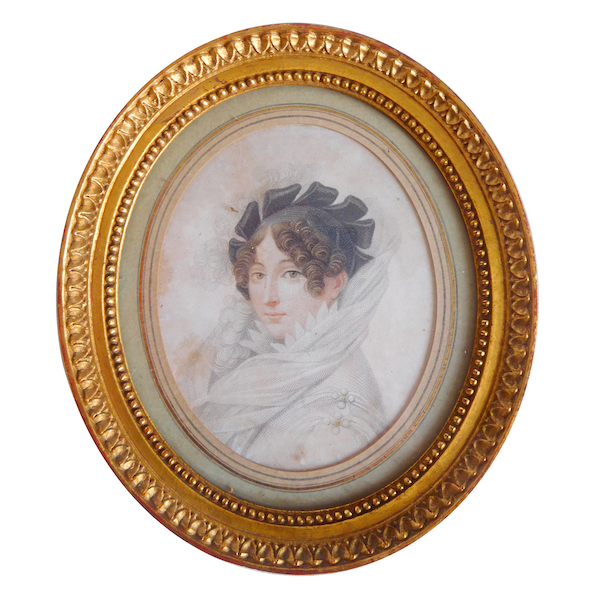 Portrait miniature de dame d'époque Directoire - gravure aquarellée dans un cadre en bois doré