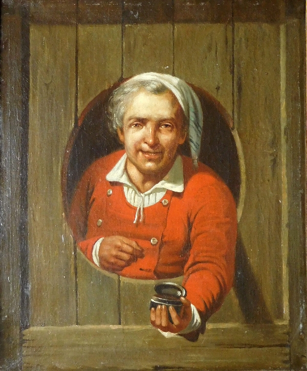 Ecole du XVIIIe siècle, tableau en trompe-l'oeil : le priseur de tabac, huile sur toile