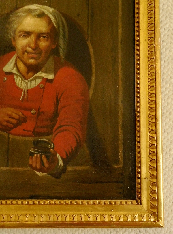 Ecole du XVIIIe siècle, tableau en trompe-l'oeil : le priseur de tabac, huile sur toile