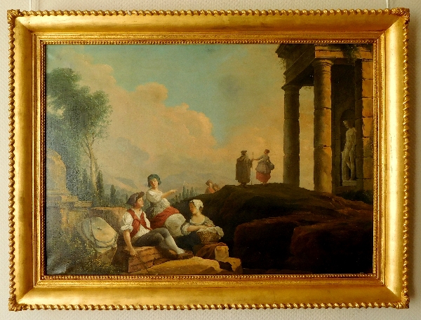 Ecole du XVIIIe siècle, suiveur d'Hubert Robert : personnages et ruines antiques, signé et daté 1775