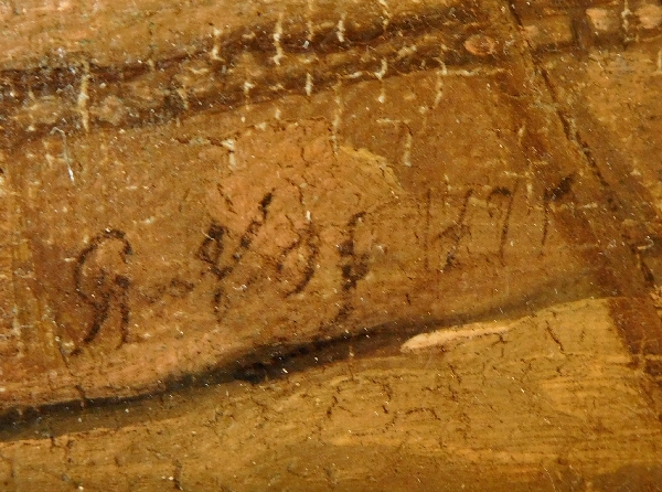 Ecole du XVIIIe siècle, suiveur d'Hubert Robert : personnages et ruines antiques, signé et daté 1775