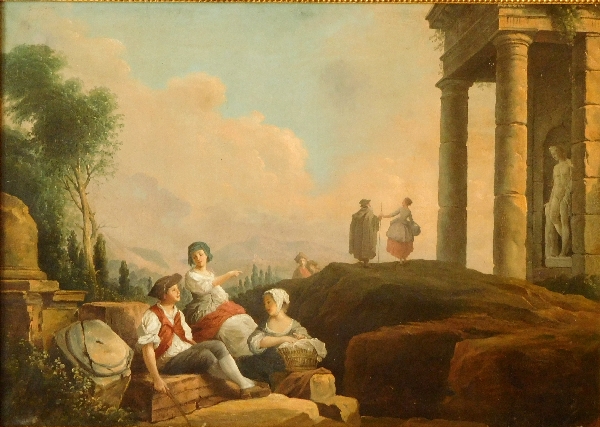 Ecole du XVIIIe siècle, suiveur d'Hubert Robert : personnages et ruines antiques, signé et daté 1775