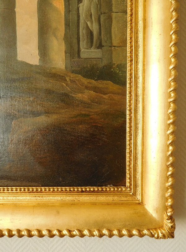 Ecole du XVIIIe siècle, suiveur d'Hubert Robert : personnages et ruines antiques, signé et daté 1775