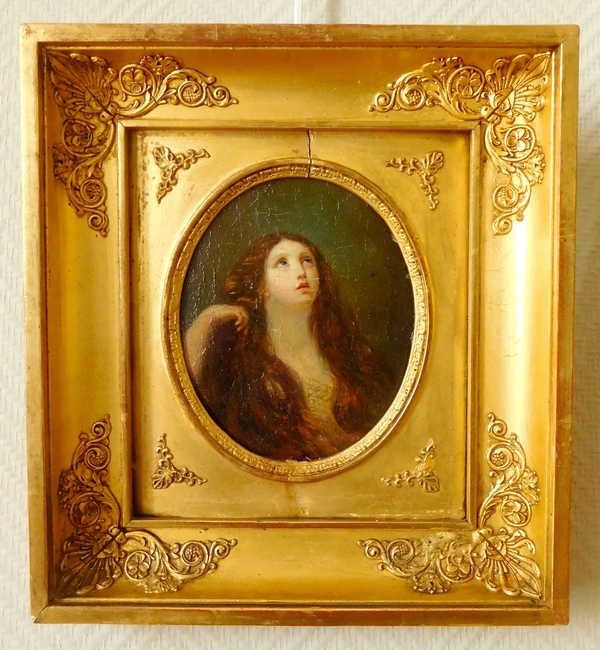 Ecole Française du début XIXe siècle, huile sur panneau : portrait de Sainte Marie-Madeleine