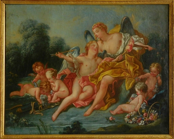 Ecole du XVIIIe siècle, suiveur de Boucher - Venus et Cupidon, scène mythologique, huile sur toile