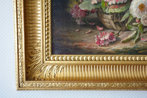 Grande huile sur toile, tableau de fleurs par Clément Gontier vers 1900 - 96,5cm x 77cm
