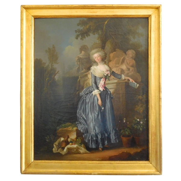 Henri-Nicolas Van Gorp : portrait de jeune femme dans un parc, époque Louis XVI