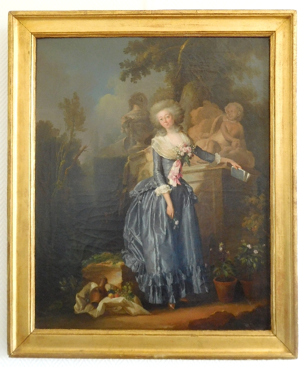 Henri-Nicolas Van Gorp : portrait de jeune femme dans un parc, époque Louis XVI