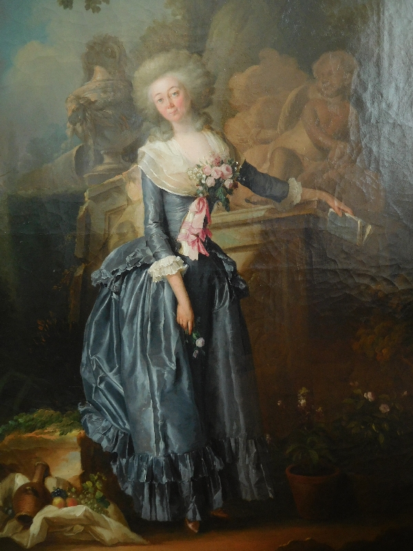 Henri-Nicolas Van Gorp : portrait de jeune femme dans un parc, époque Louis XVI