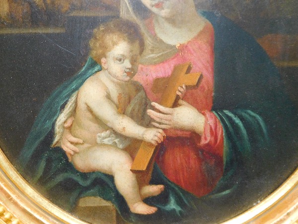 Ecole Française du XVIIe ou XVIIIe, huile sur panneau : Vierge à l'Enfant