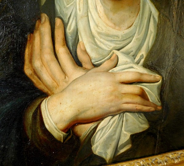 Ecole Flamande du XVIIe siècle (Anvers), portrait de la Vierge, marque au feu à la main