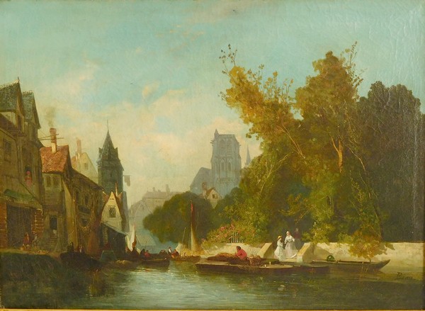 Grande huile sur toile, XIXe siècle : vue de la ville de Bruges
