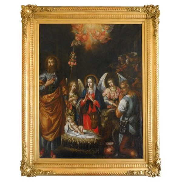 Ecole du XVIIe siècle, huile sur toile : la Nativité - Sainte Famille dans la crèche 76cm x 104cm