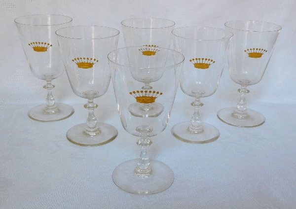 6 verres à eau en cristal de Baccarat, couronne de comte gravée et dorée à l'or fin