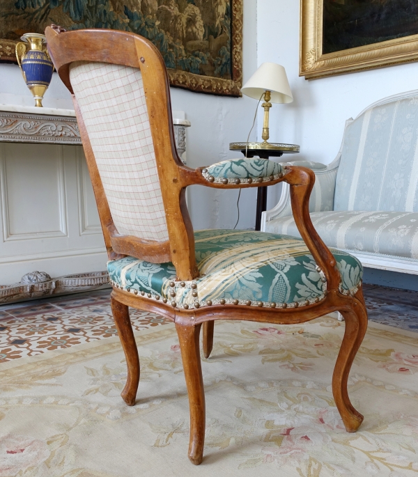 Suite de 4 fauteuils cabriolet d'époque Louis XV en bois naturel, soierie verte - XVIIIe siècle