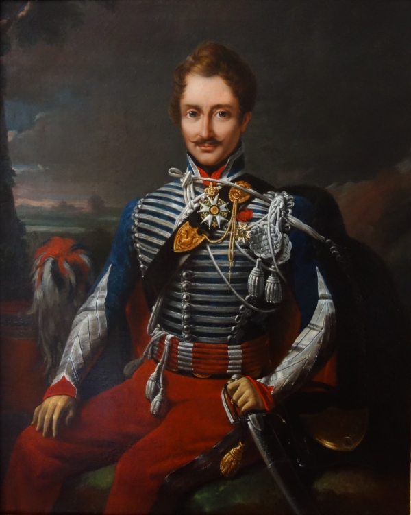 Portrait du Colonel Pozac, héros de l'Empire avec son sabre d'honneur - 1er Régiment de Hussards - huile sur toile