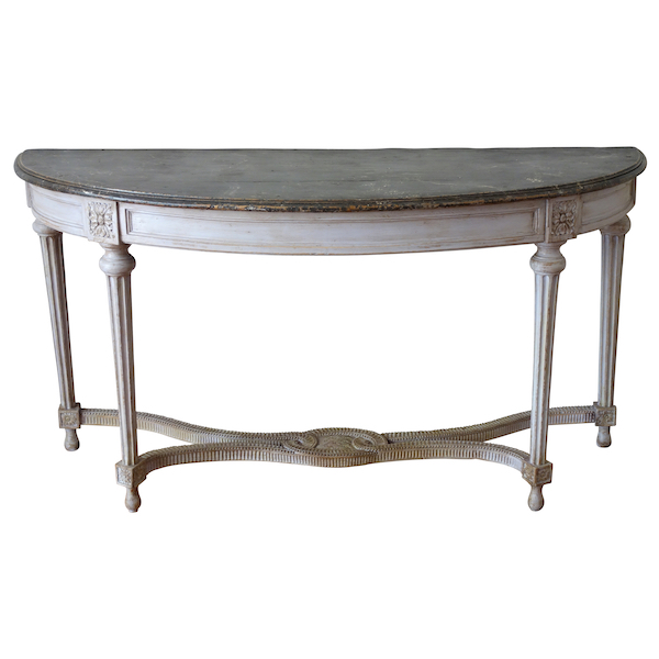 Grande console desserte demi-lune d'époque Louis XVI, bois patiné et faux marbre