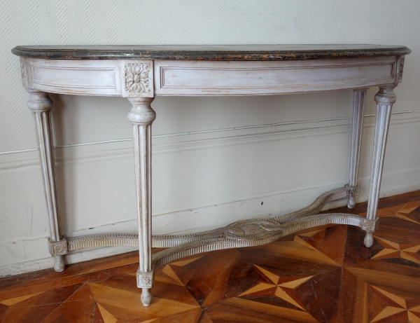 Grande console desserte demi-lune d'époque Louis XVI, bois patiné et faux marbre