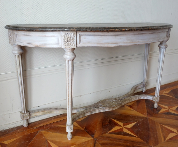 Grande console desserte demi-lune d'époque Louis XVI, bois patiné et faux marbre