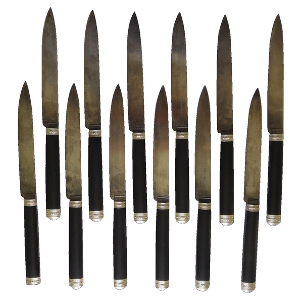 12 antique French table knives, silver and ebony, Cardeilhac, Louis XVI style
