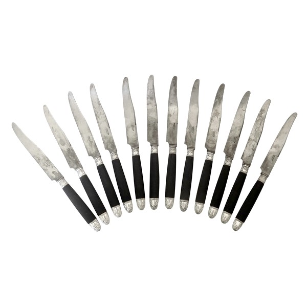Set of 12 Louis XVI style ebony and silver knives
