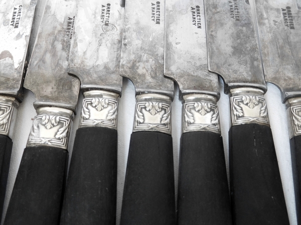 Set of 12 Louis XVI style ebony and silver knives