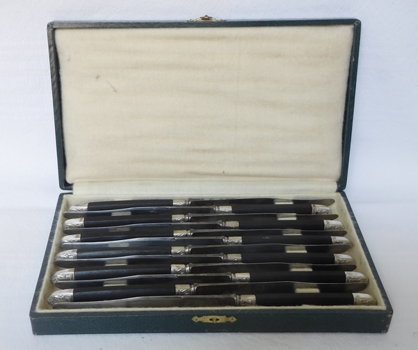 Set of 12 Louis XVI style ebony and silver knives