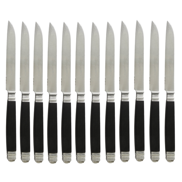 12 ebony and sterling silver knives, early 19th century style