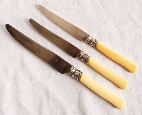 12 Louis XV style fruit knives, sterling silver and ivory