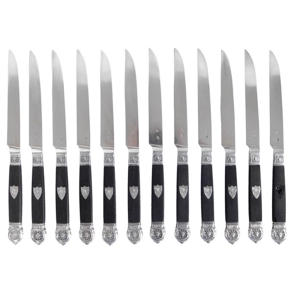 12 Empire style ebony and sterling silver fruit knives, silversmith Queille