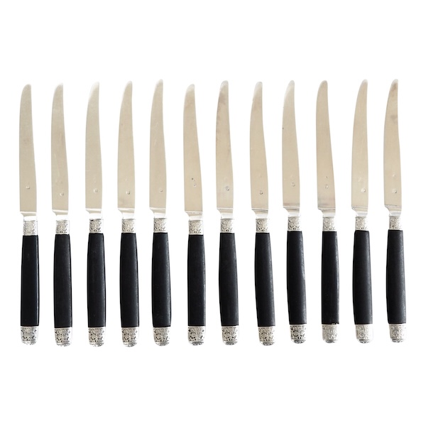Set of 12 sterling silver Louis XVI style fruit knives, ebony handles