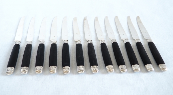 Set of 12 sterling silver Louis XVI style fruit knives, ebony handles