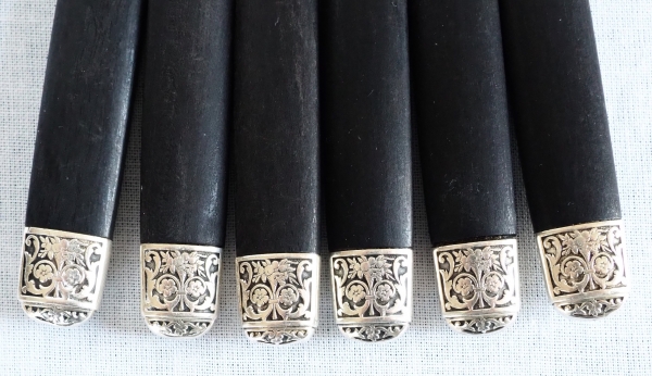 Set of 12 sterling silver Louis XVI style fruit knives, ebony handles